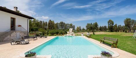 Seasonal outdoor pool, pool umbrellas, pool loungers