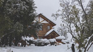Uma cabana de madeira com telhado coberto de neve e árvores ao redor.
