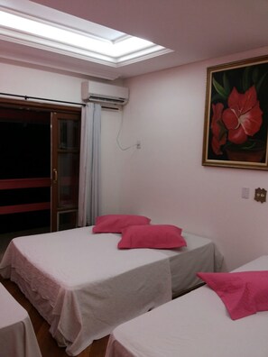 Desk, laptop workspace, blackout curtains, iron/ironing board