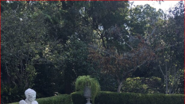 A swimming pool with a statue on the left, surrounded by neatly trimmed hedges and trees. - The Burn Bed and Breakfast (Natchez)