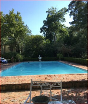 A rectangular swimming pool with a brick border, surrounded by lush greenery and trees. - The Burn Bed and Breakfast (Natchez)