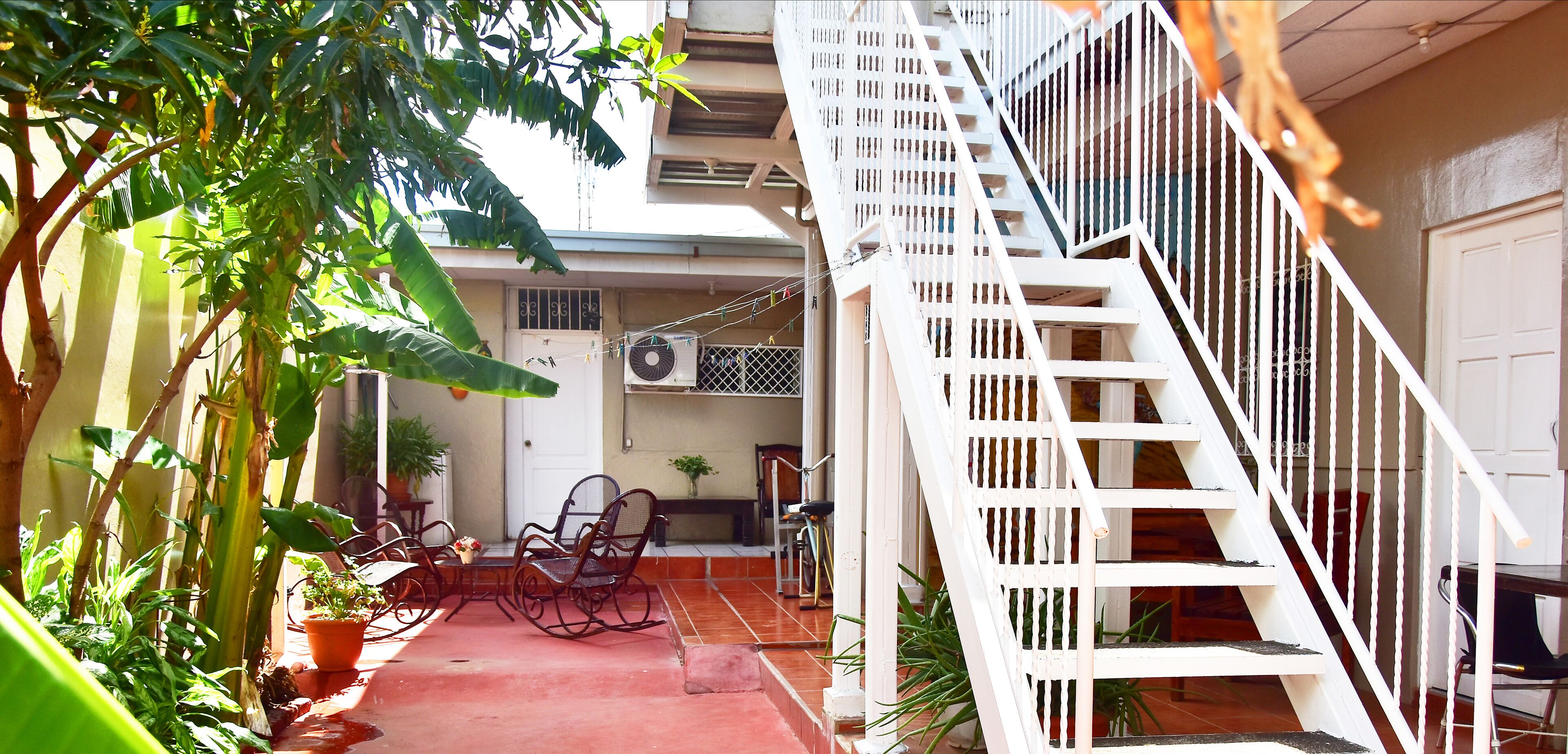 A narrow outdoor corridor with a red carpet, a white staircase, and potted plants.