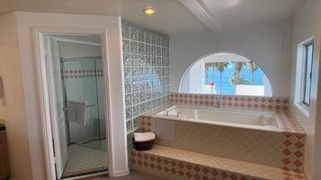 A bathroom with a glass shower enclosure, a bathtub with a view of the ocean, and a tiled backsplash.