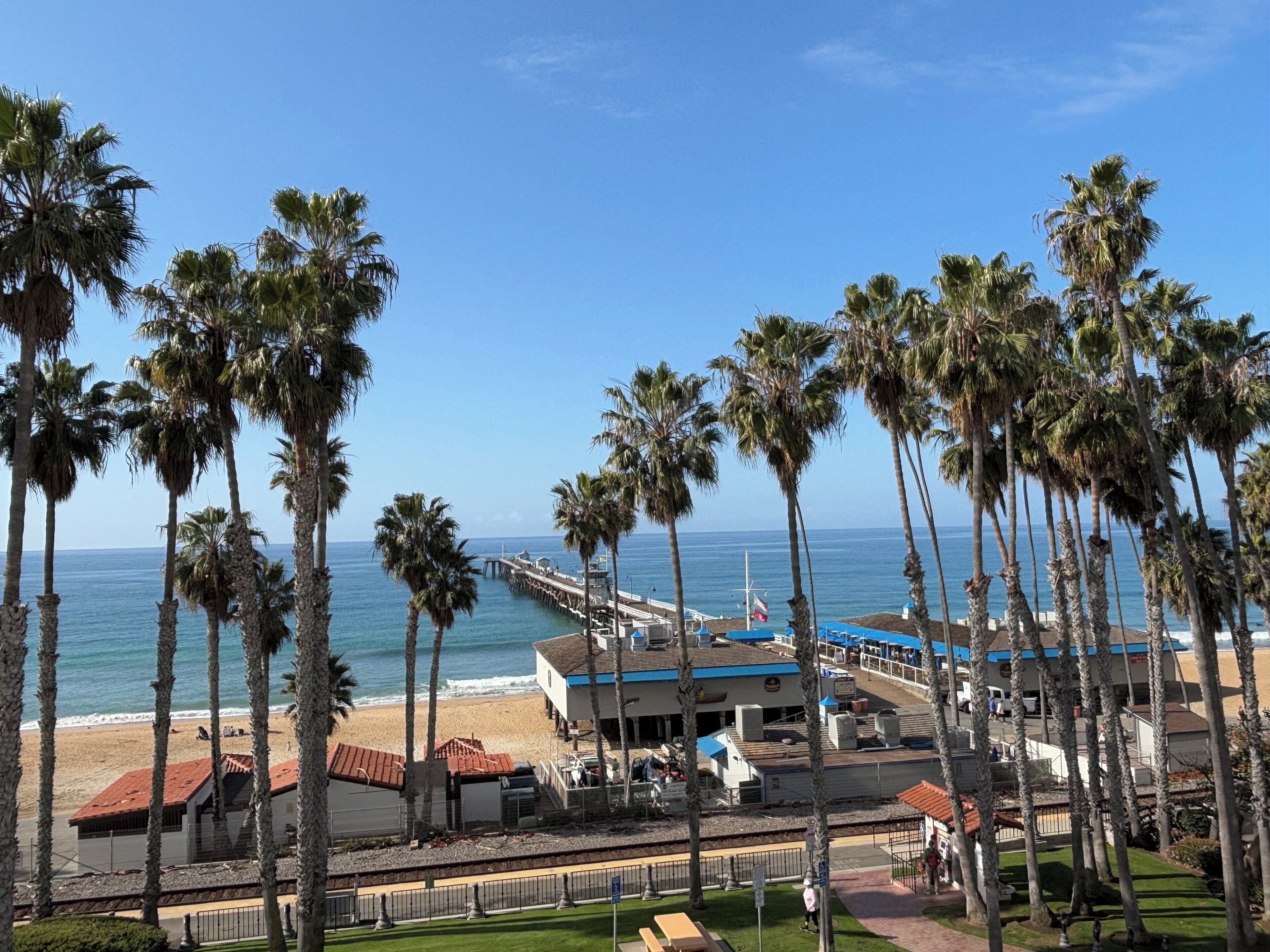 A coastal hotel with a beach view, palm trees, and a pier extending into the ocean.