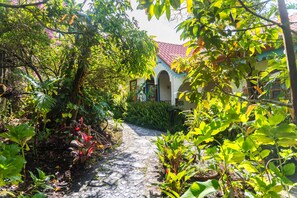 A cobblestone path leading to a building with a red-tiled roof, surrounded by lush greenery and various plants. - Hotel Claro de Luna (Monteverde)