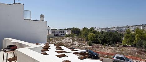 A rooftop terrace with a geometric pattern, a car parked, and a view of a residential area with houses and trees.