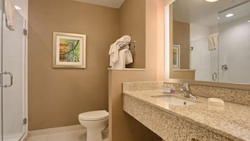 A bathroom with a toilet, a sink with a granite countertop, a mirror, and a shower area.