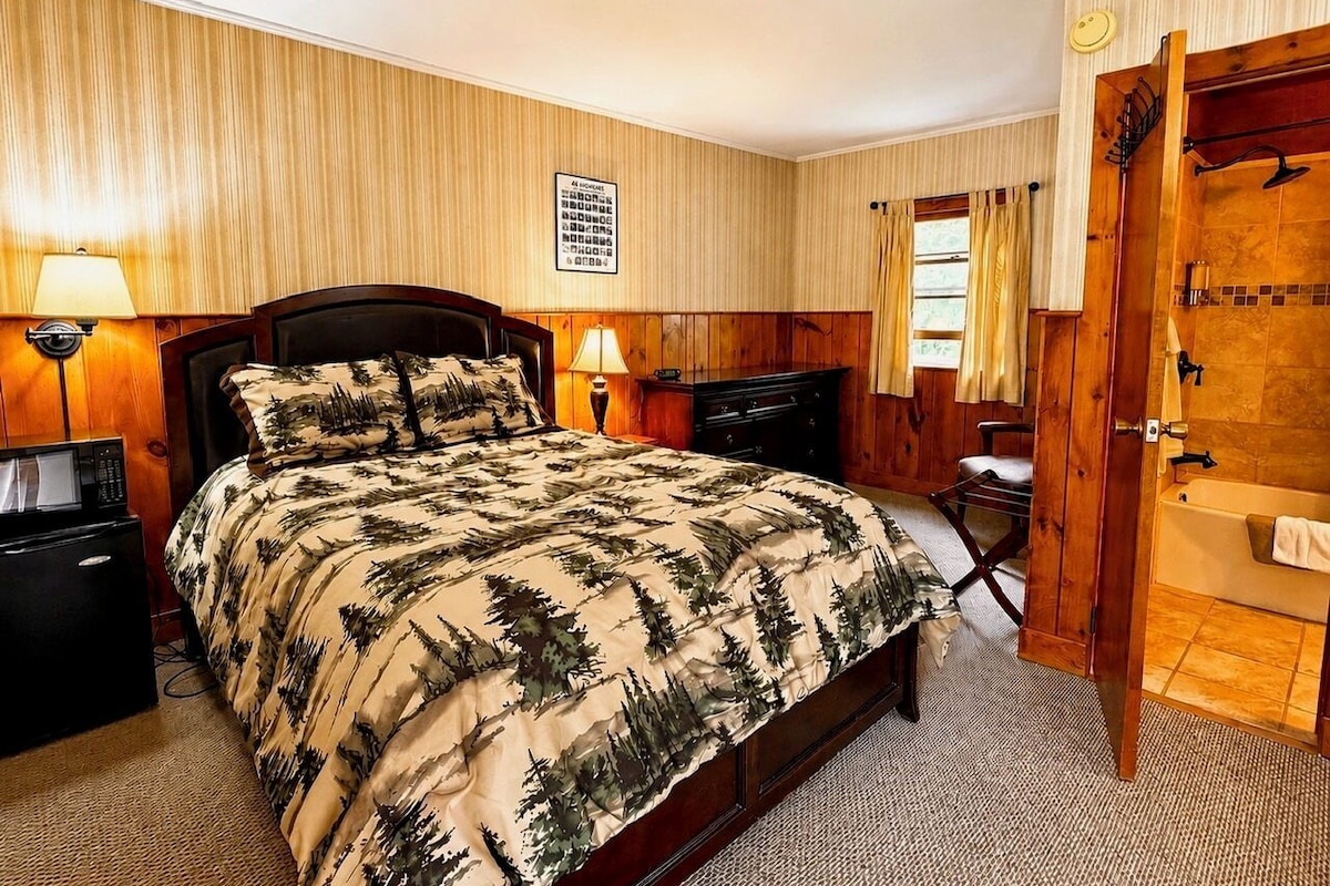Un dormitorio con cama, mesitas de noche, un armario de madera, un baño con bañera y una puerta de madera.