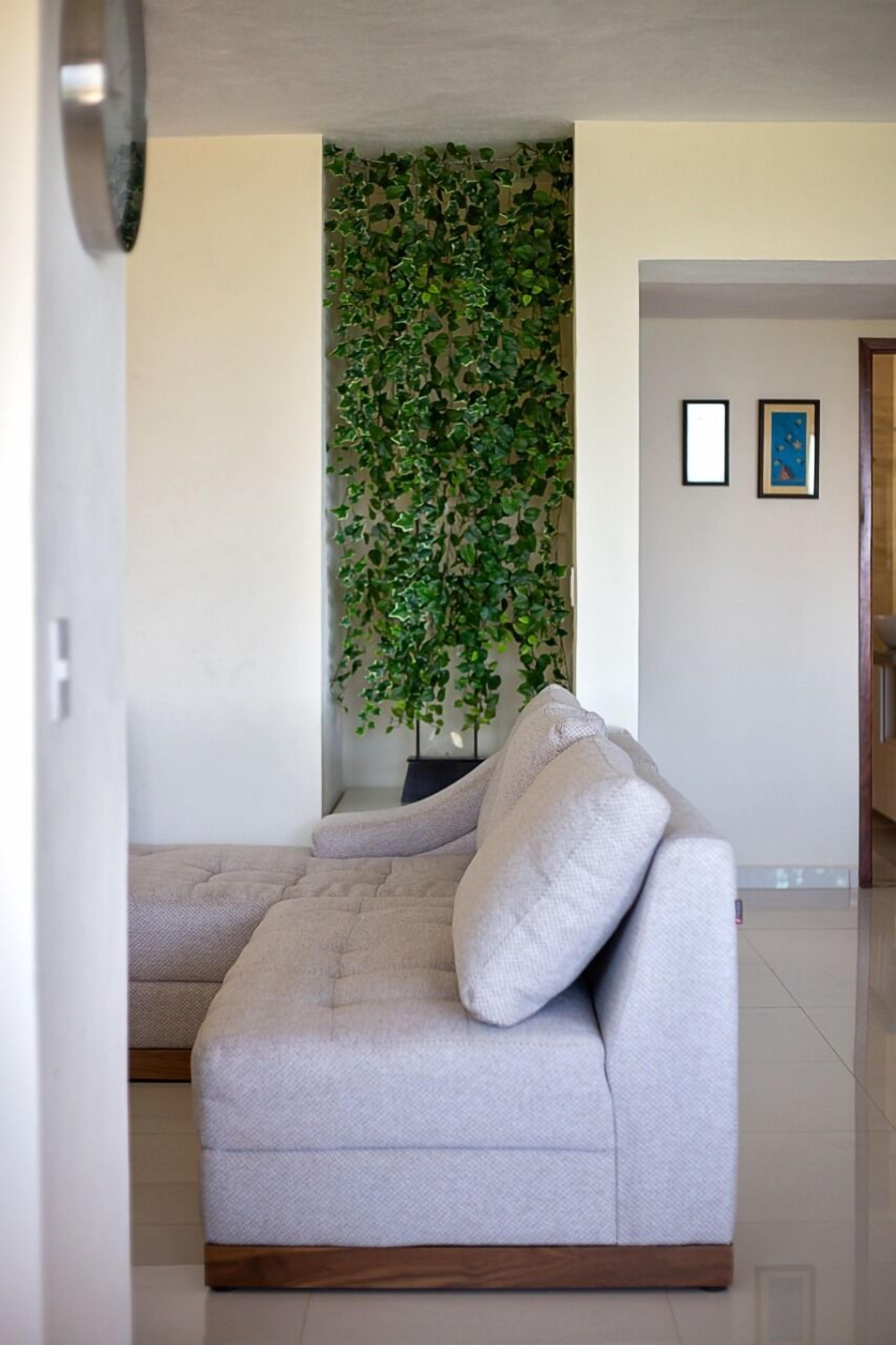 A living room with a light-colored sofa, a green leafy wall, and two framed pictures on the wall.