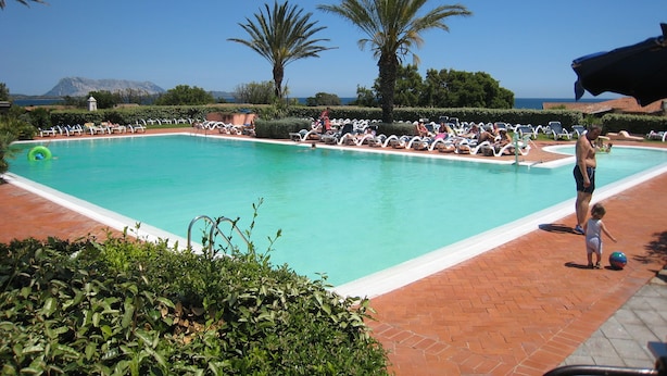 Piscina con sillones de descanso y palmeras, rodeada de vegetación y una vista despejada al mar.