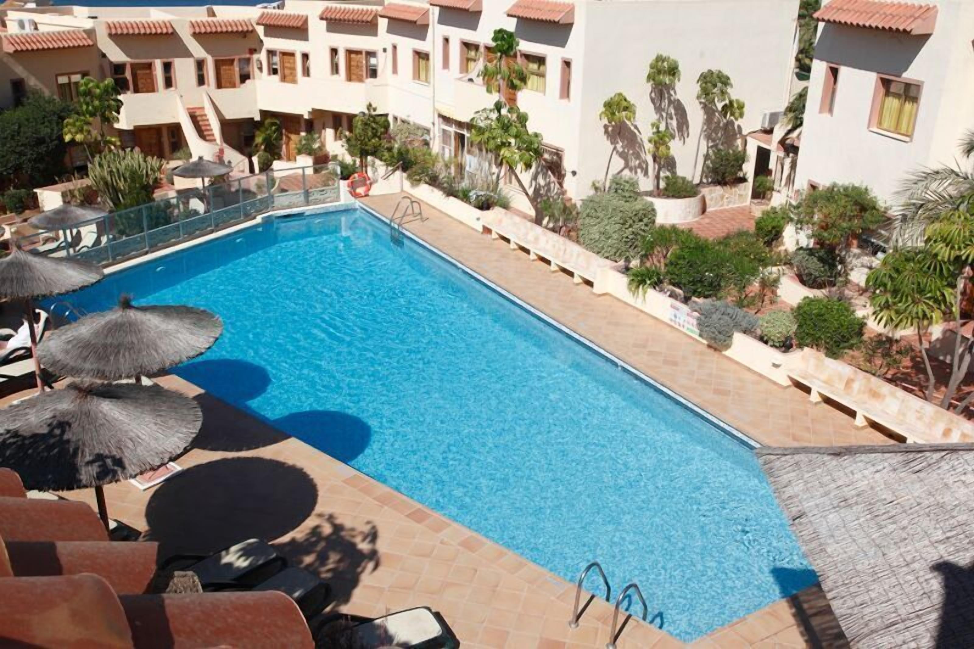 Piscina com espreguiçadeiras e guarda-sóis, rodeada por um edifício com varandas e plantas em vasos.