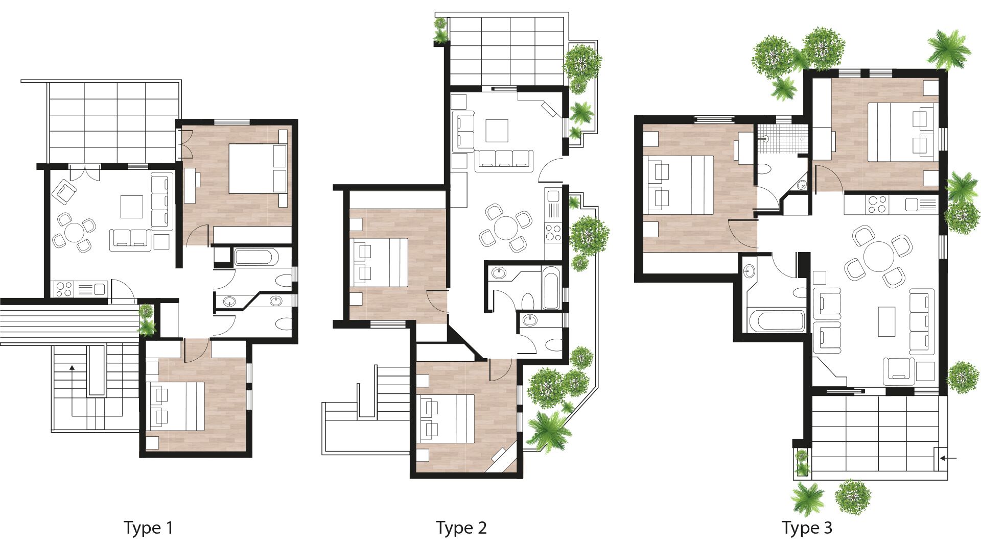 Três plantas baixas de diferentes tipos de apartamentos, cada um com layouts e distribuição de cômodos distintos.