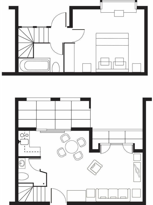 Un plan d’étage d’hôtel comprenant un espace repas, une cuisine et un coin salon avec piscine.