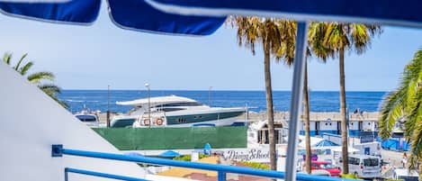 Vista de un puerto deportivo con barcos, un letrero de escuela de buceo y un cielo azul despejado.