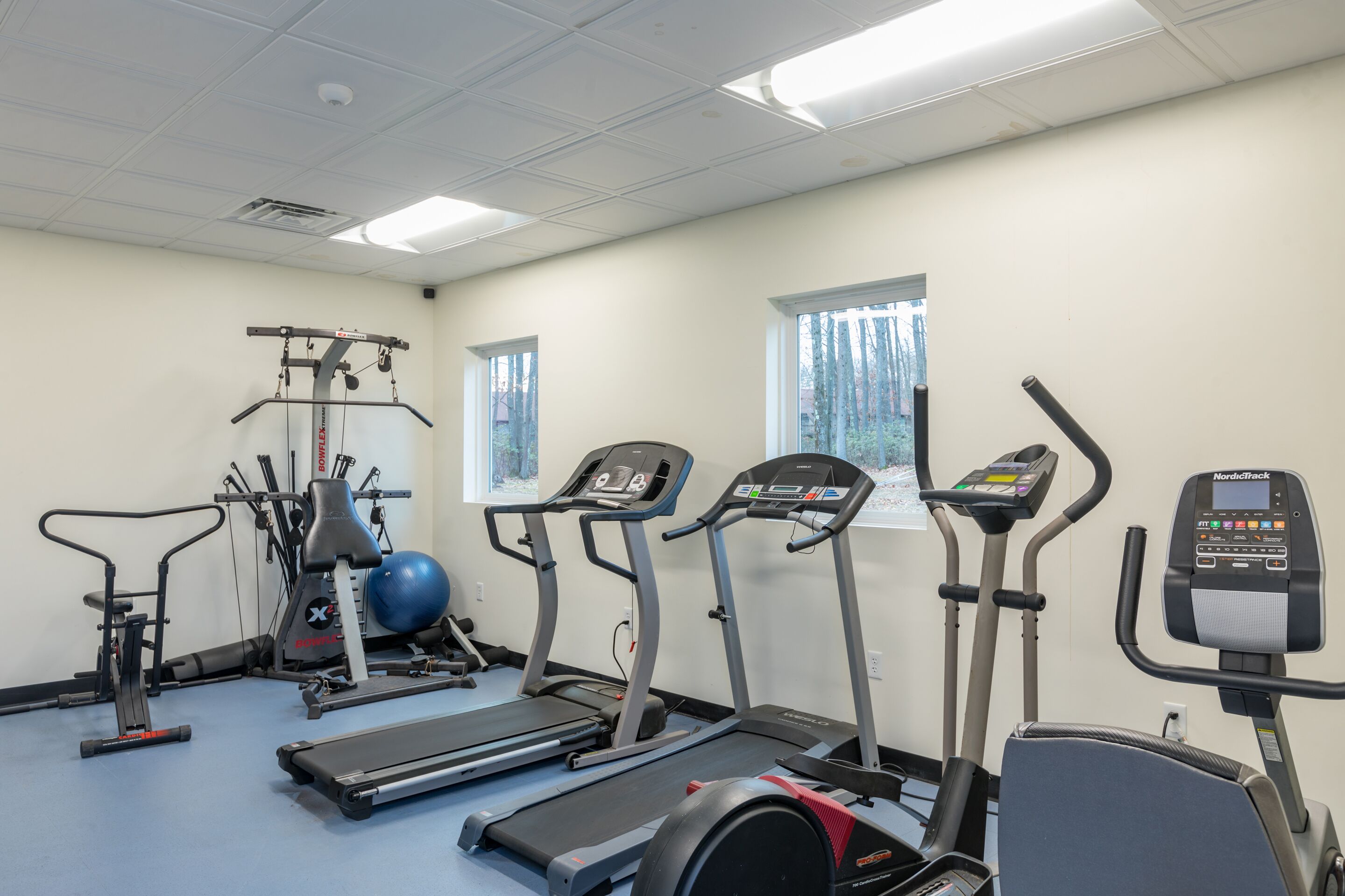 A gym with treadmills, elliptical machines, and a stationary bike.