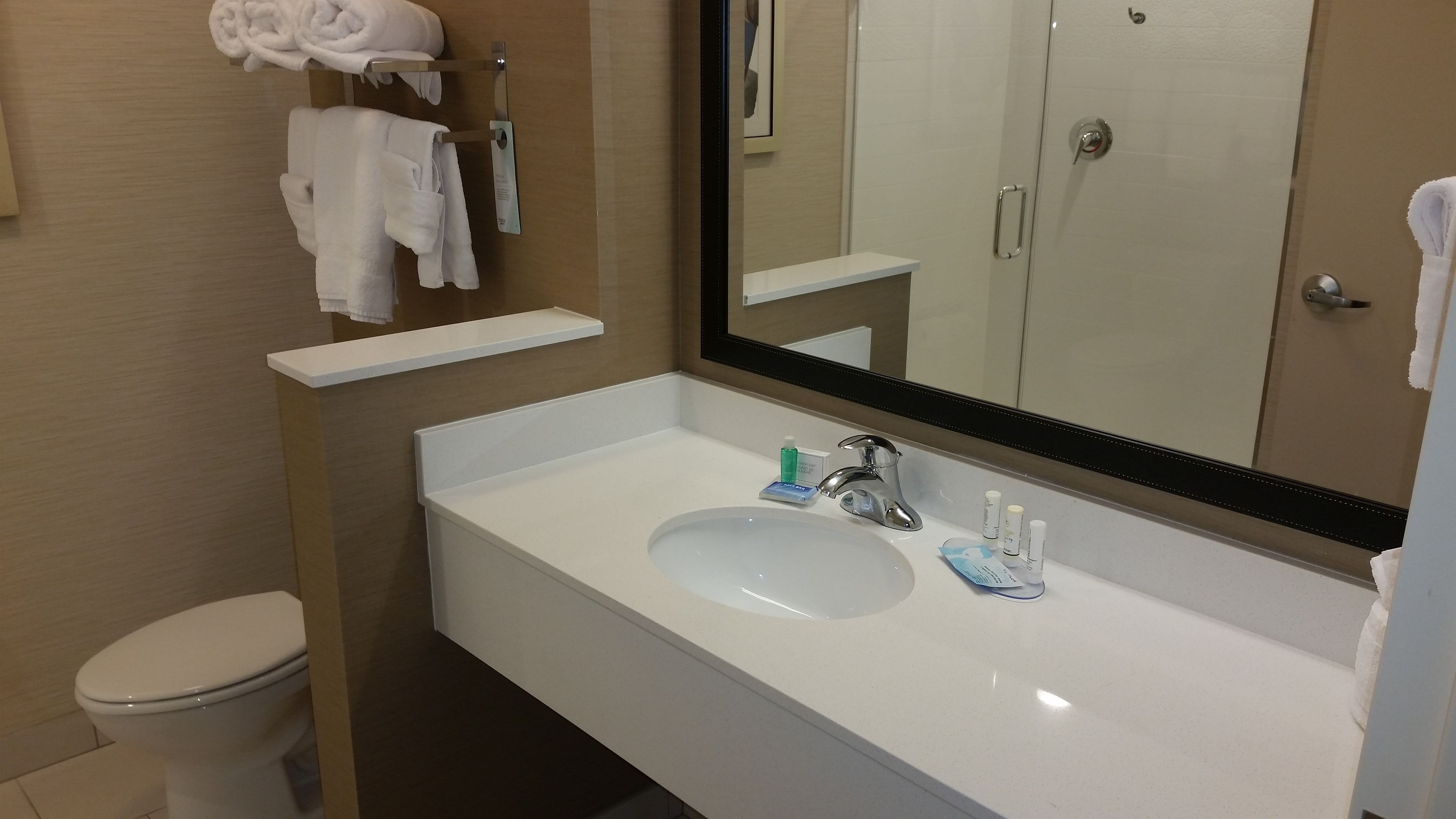 combined shower/bathtub, free toiletries, hair dryer, towels