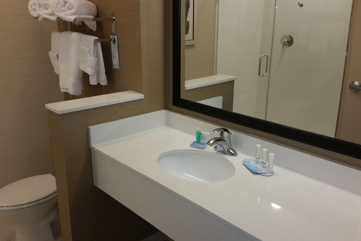 combined shower/bathtub, free toiletries, hair dryer, towels