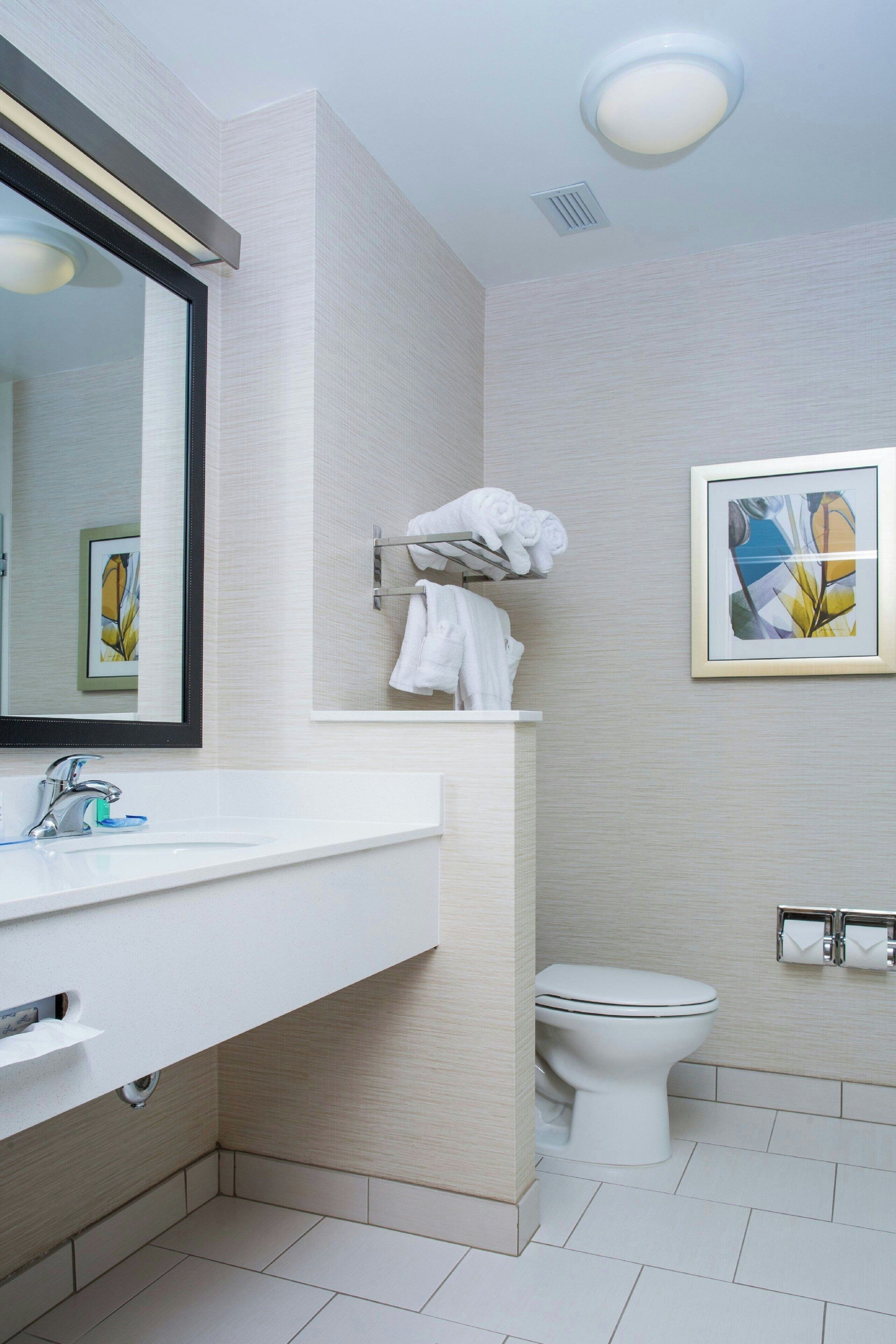 combined shower/bathtub, free toiletries, hair dryer, towels