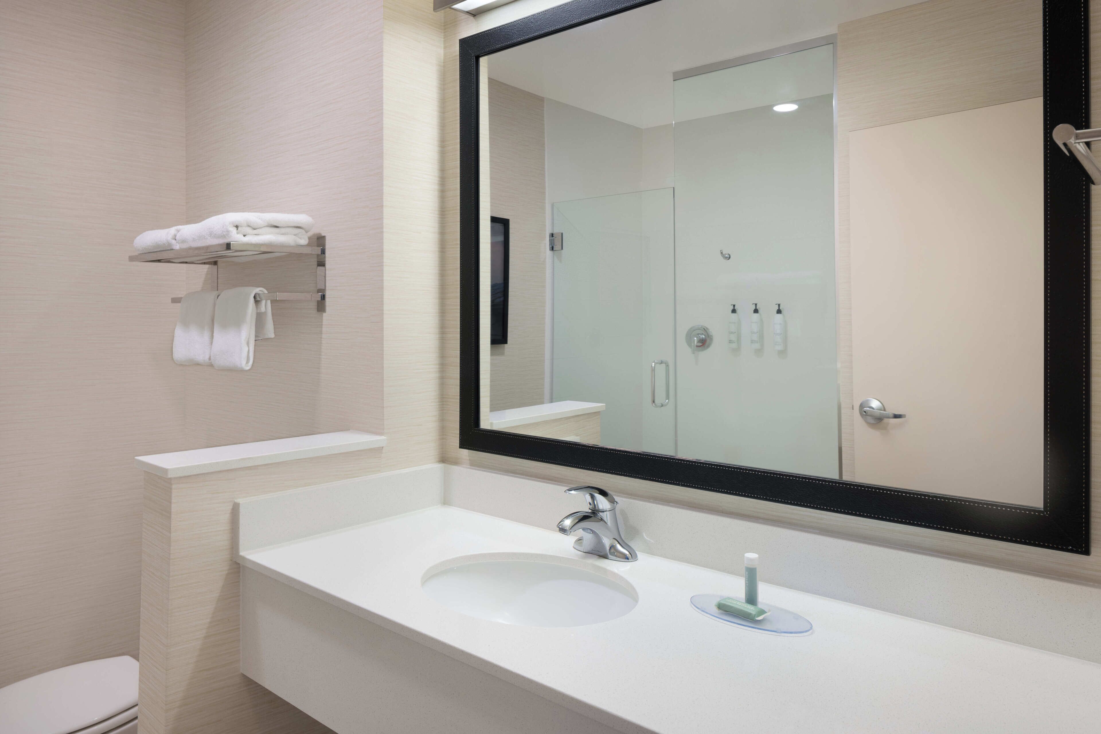 Une salle de bain moderne avec un lavabo blanc, un grand miroir et une douche à parois de verre.