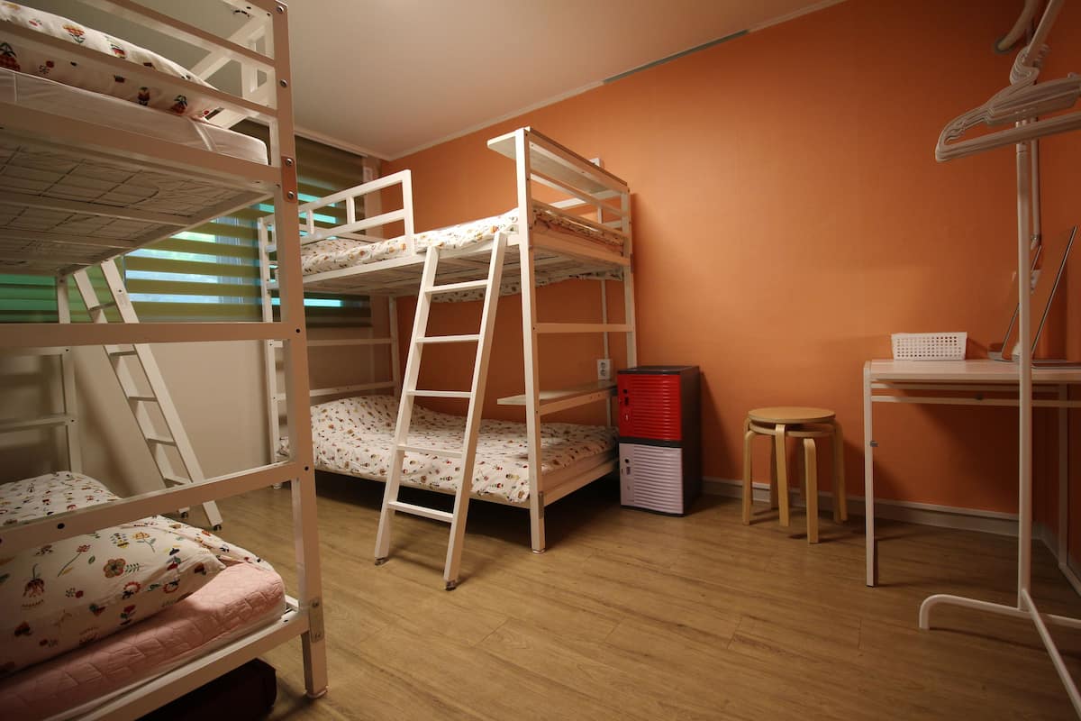 Une chambre avec un lit superposé, un bureau et une échelle.