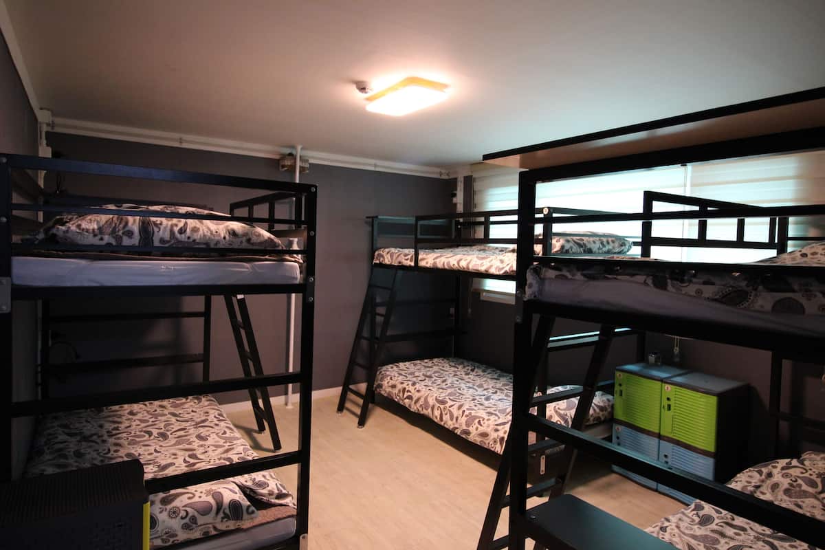 Une chambre de dortoir avec des lits superposés, une fenêtre avec des stores et un luminaire au plafond.