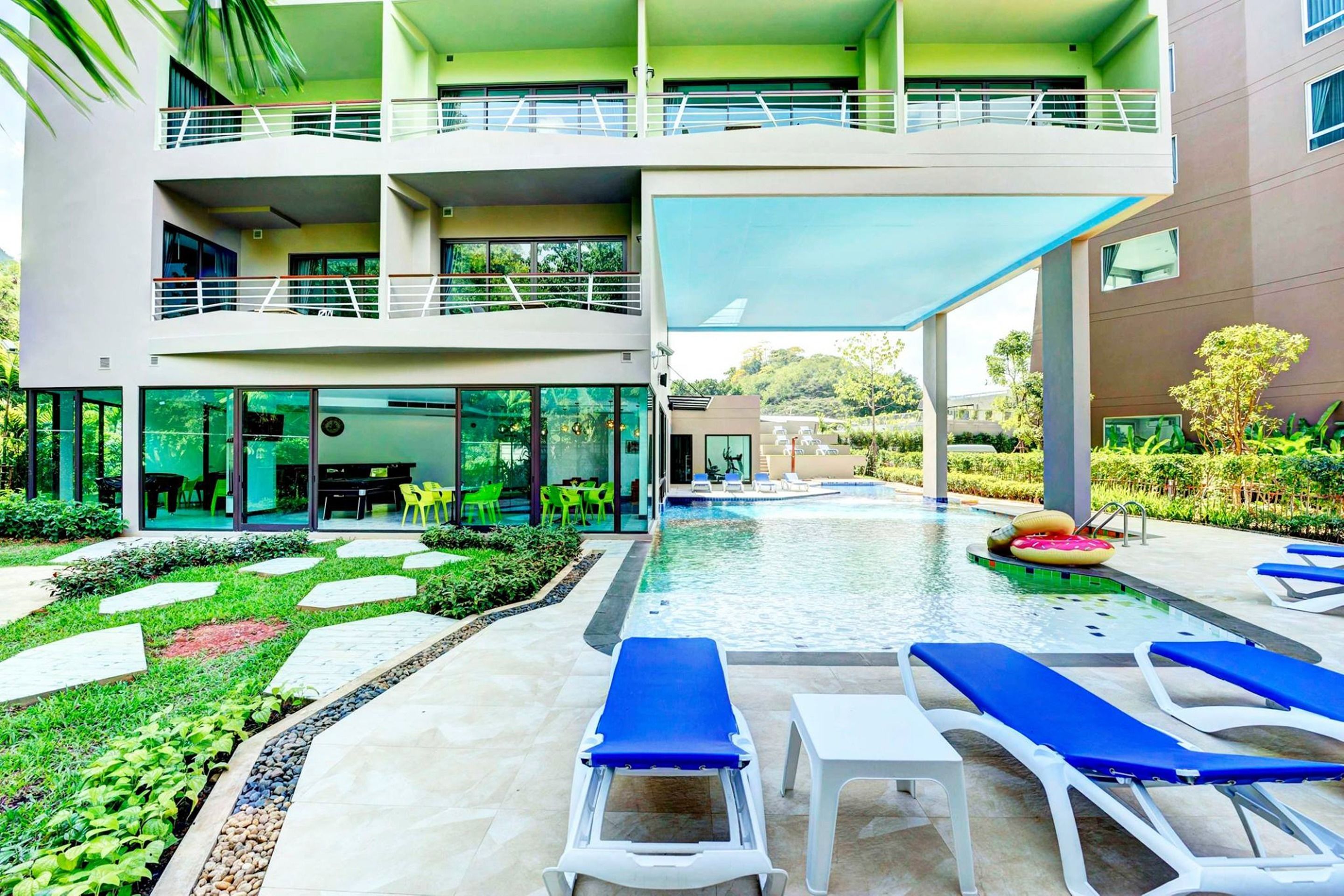 indoor pool, outdoor pool, pool umbrellas, pool loungers