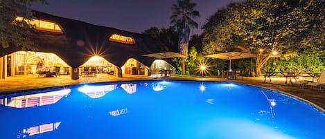 Outdoor pool, pool umbrellas, pool loungers