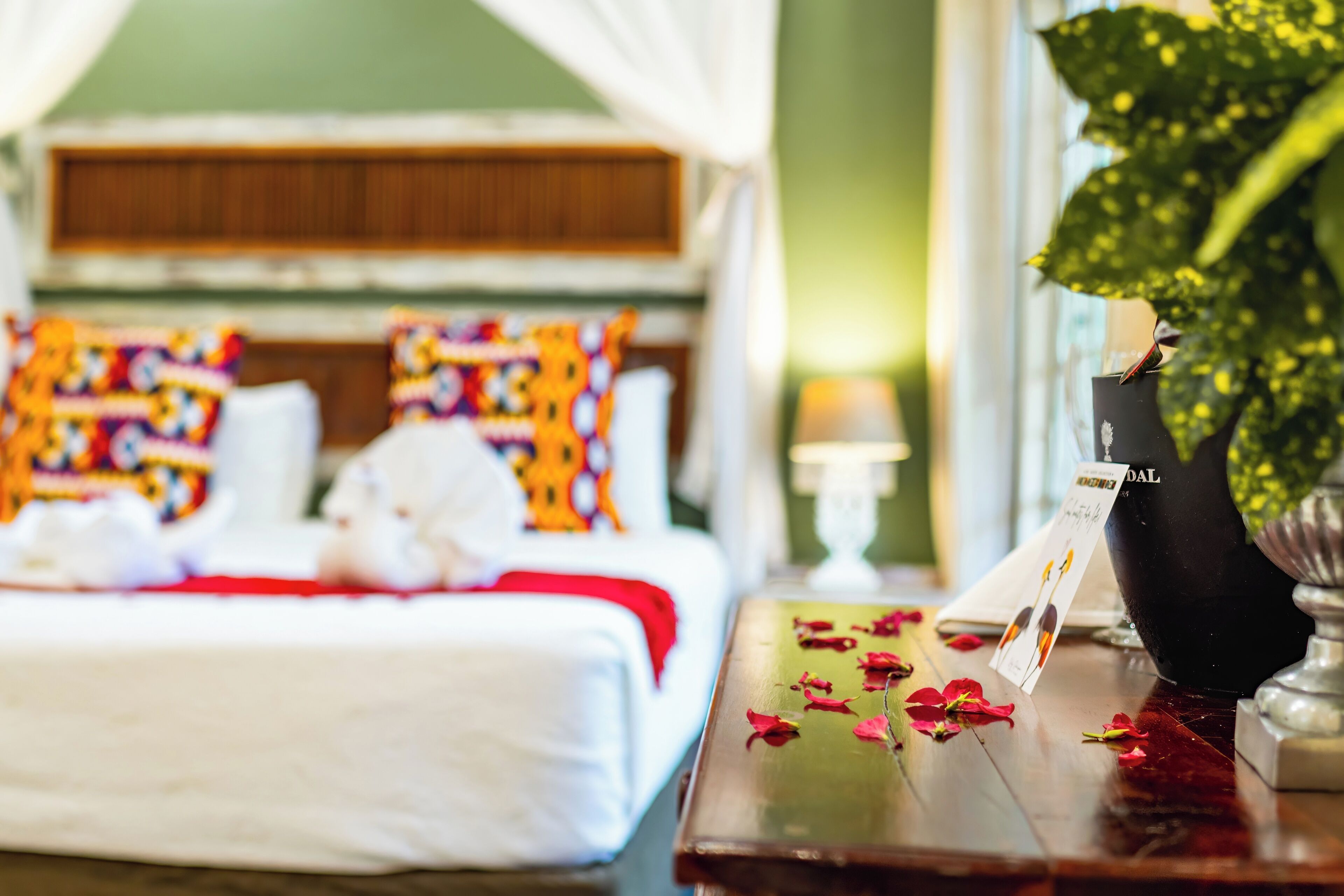 A neatly made bed with a white cover and colorful pillows, a bedside table with a vase of flowers, and a window with a view of greenery.