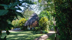 A thatched-roof hut surrounded by lush greenery and a pathway leading to it. - Bayete Guest Lodge (Victoria Falls)