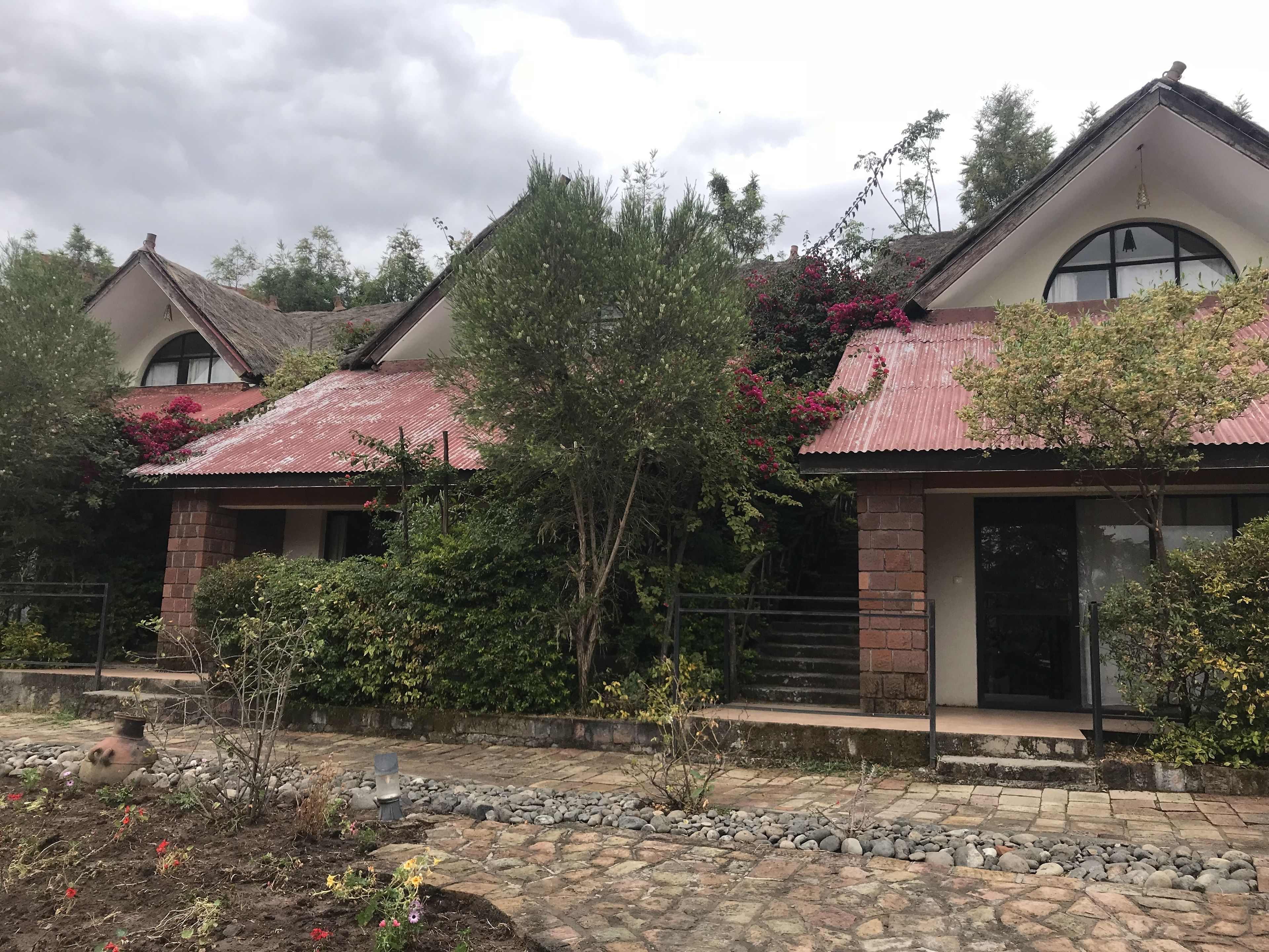 Un hilera de casas con techos rojos, paredes de ladrillo y ventanas grandes.