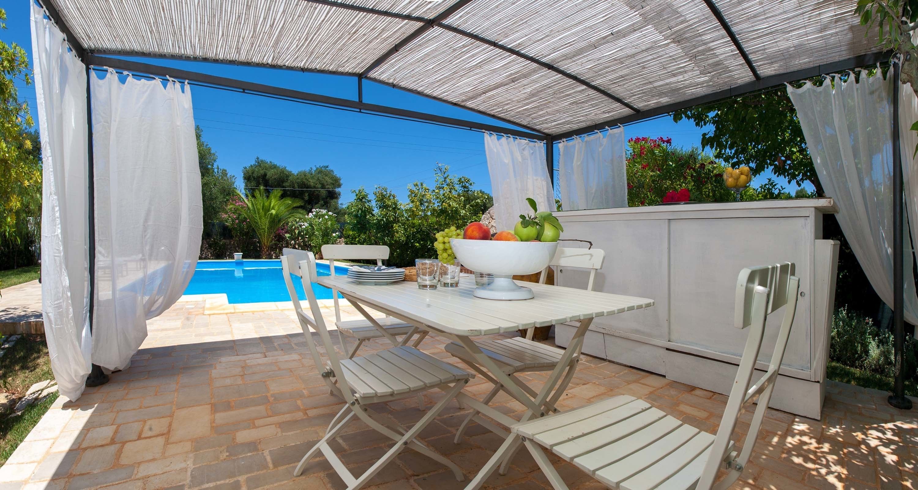 A covered patio area with a pool, white furniture, and a fruit bowl.