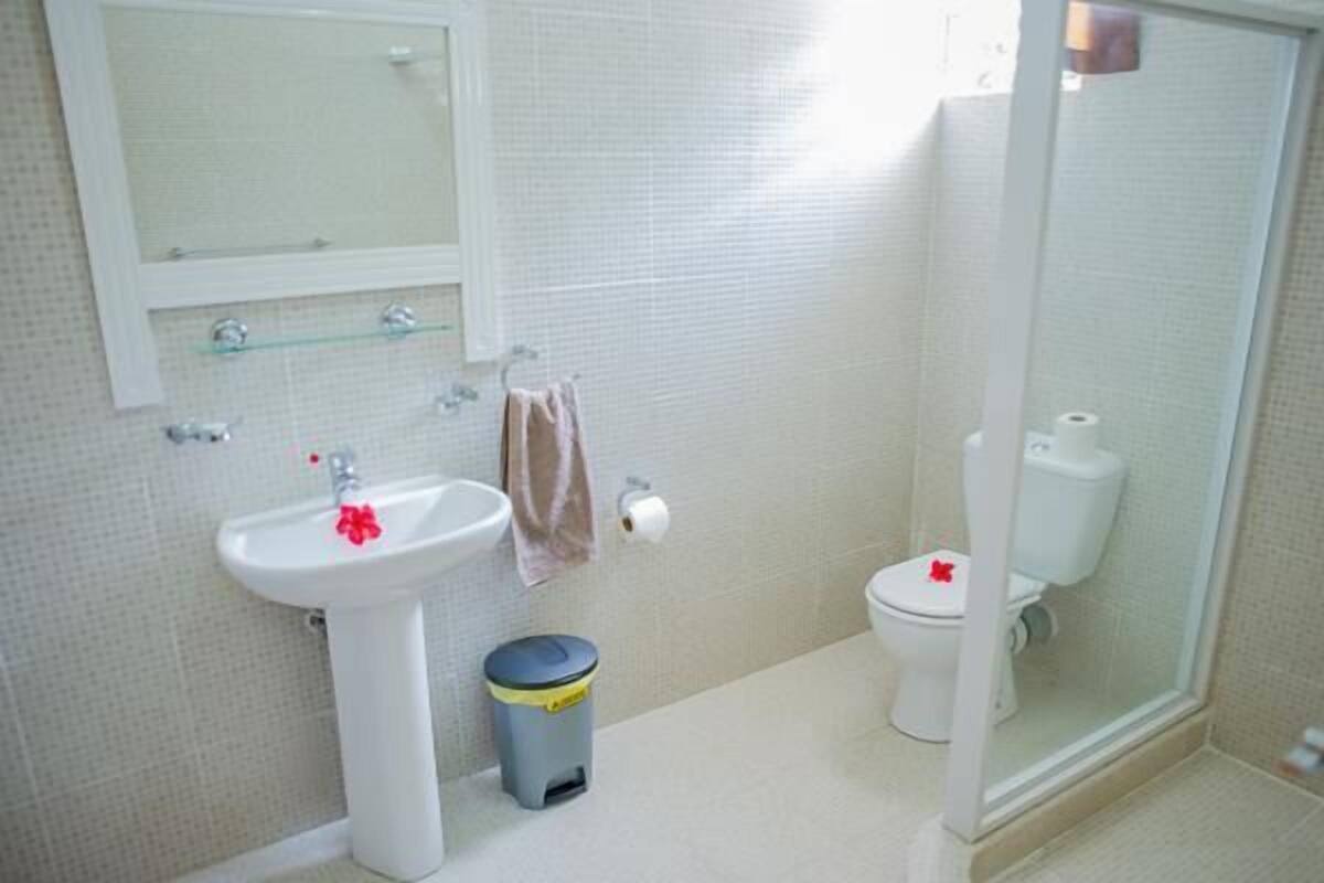 Shower, free toiletries, towels