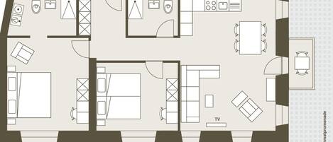 A hotel floor plan with a TV in the living area, a kitchen, a dining area, and a bathroom.