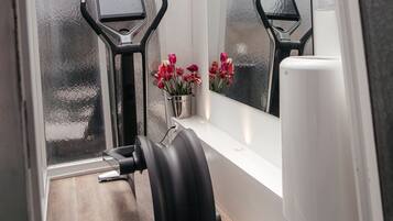 A compact gym with a treadmill, a stationary bike, and a weight bench. A small potted plant with red flowers is on a windowsill, and a mirror reflects the room.