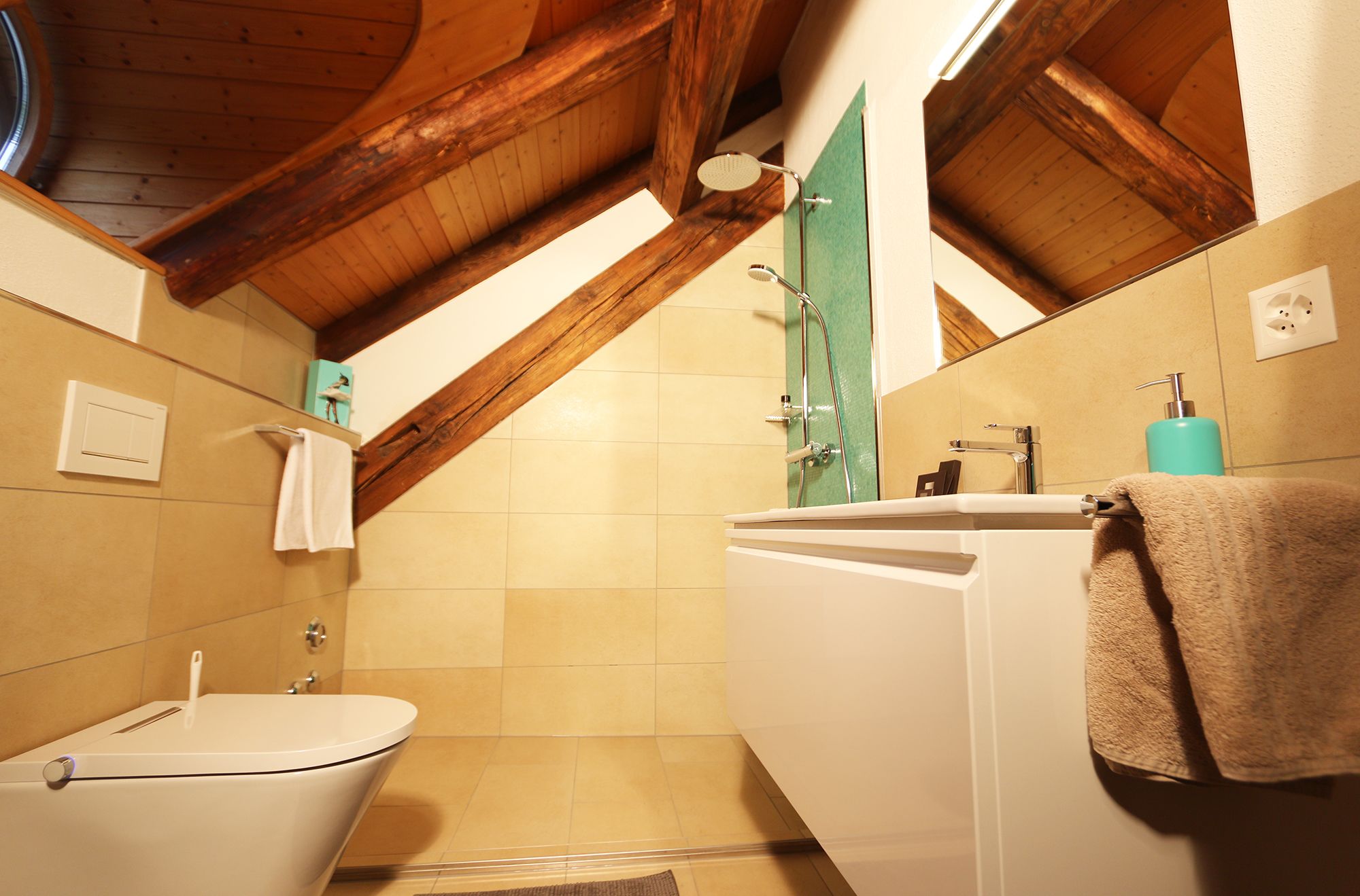 A bathroom with a white toilet, a sink with a mirror, and a shower.