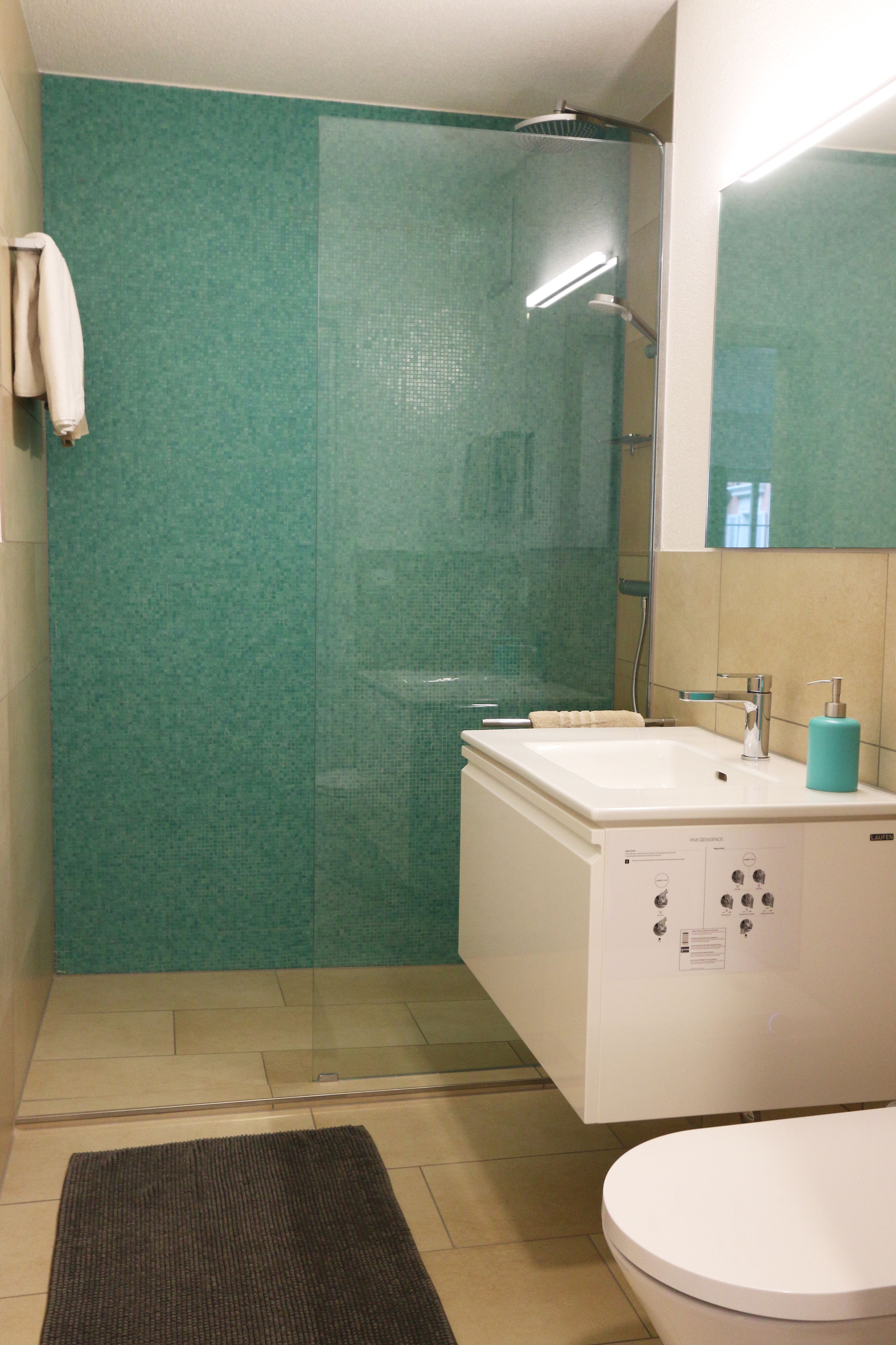 Een badkamer met een douchecabine van glas, een wit wastafelmeubel met een zeepdispenser en een toilet.