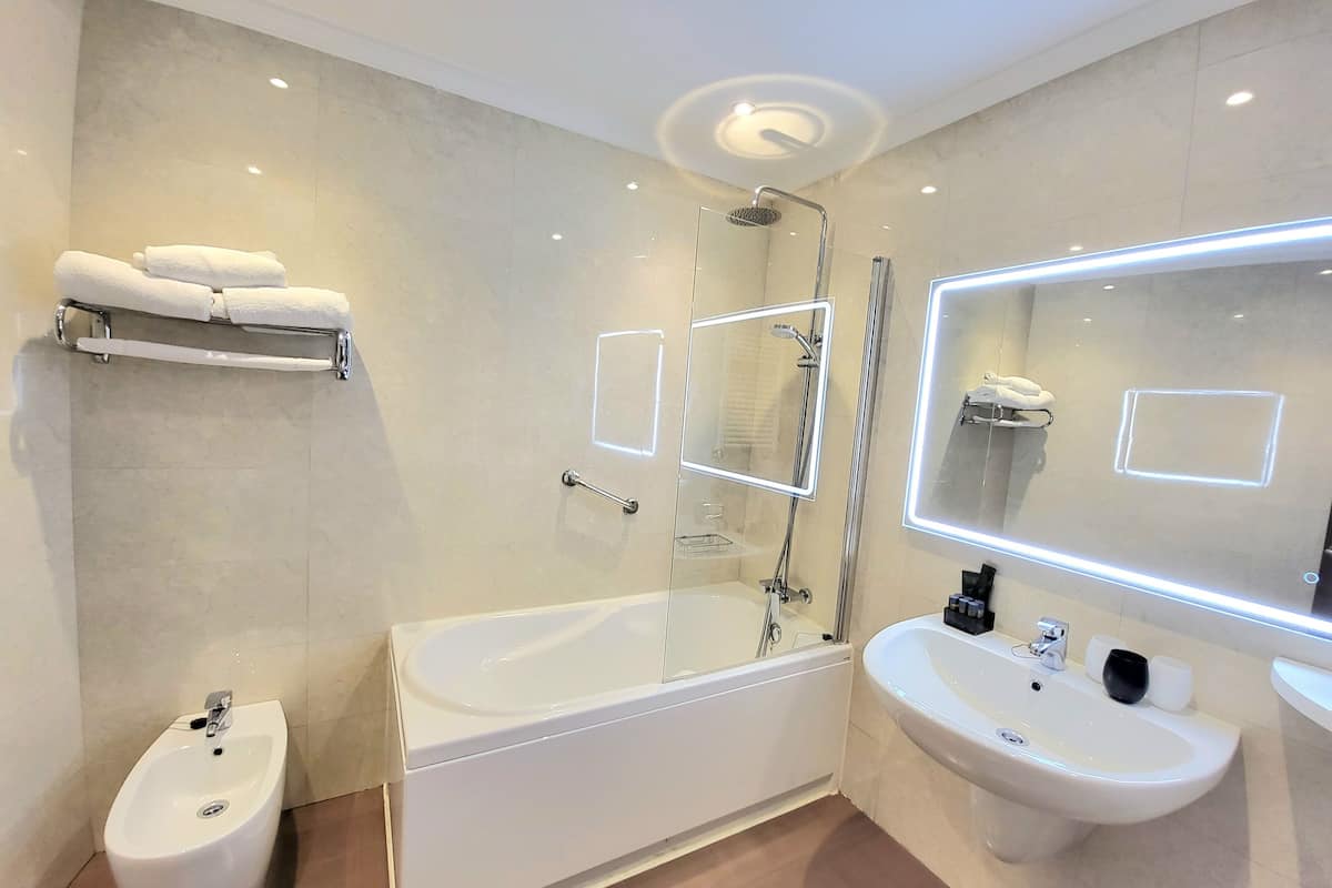 free toiletries, hair dryer, bidet, towels