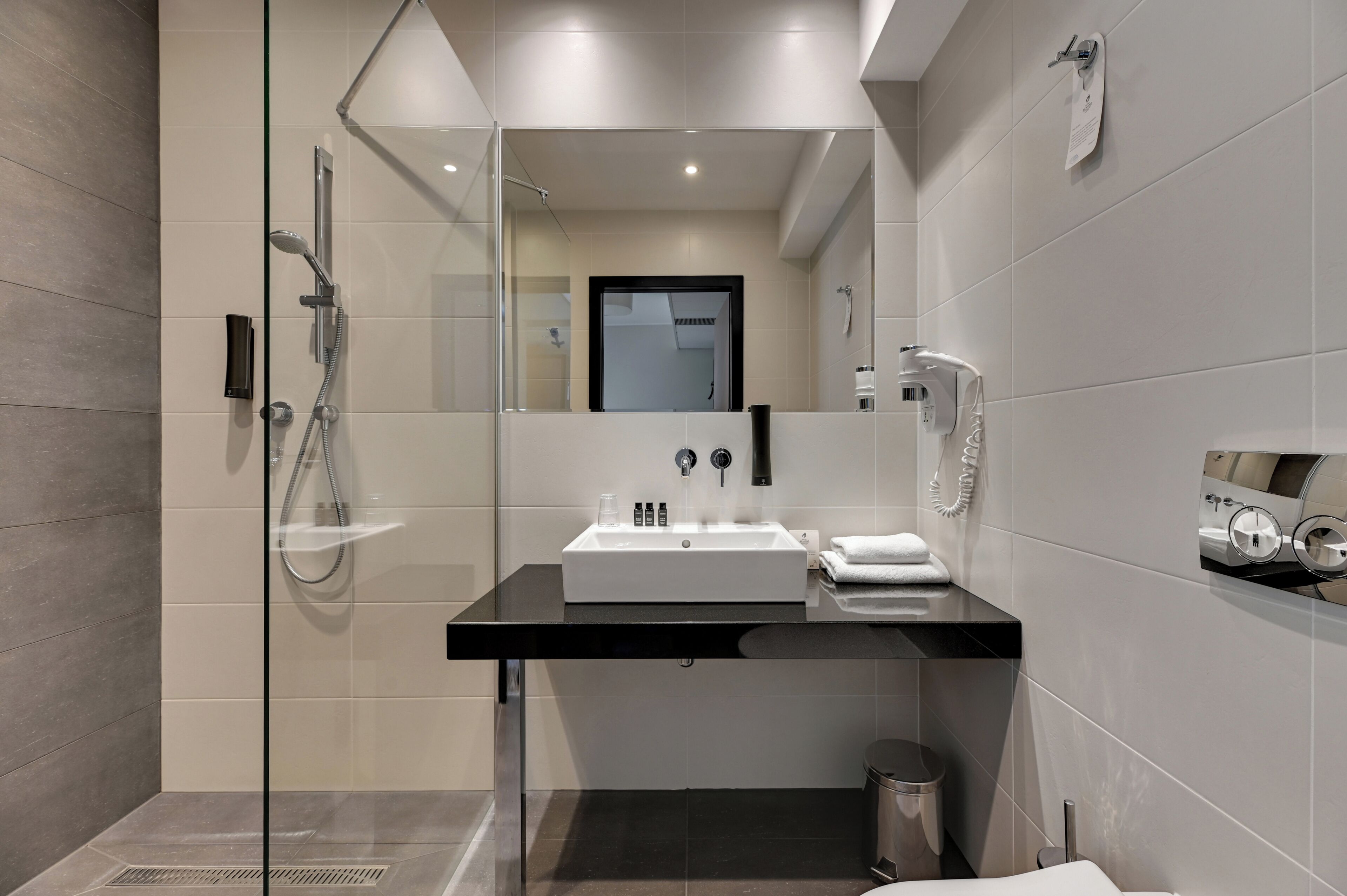 A modern bathroom with a glass-enclosed shower, a black sink, and a mirror.