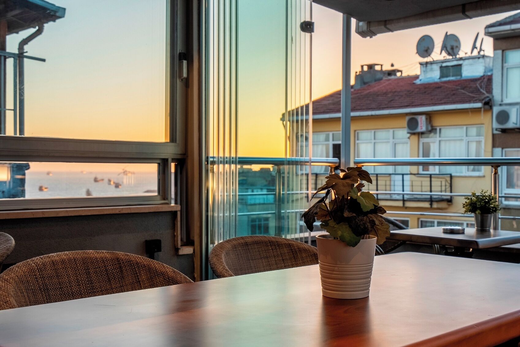 A balcony with a view of the sea, a potted plant, and a wooden table.