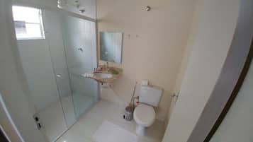 A bathroom with a glass shower enclosure, a sink with a mirror above it, and a toilet.