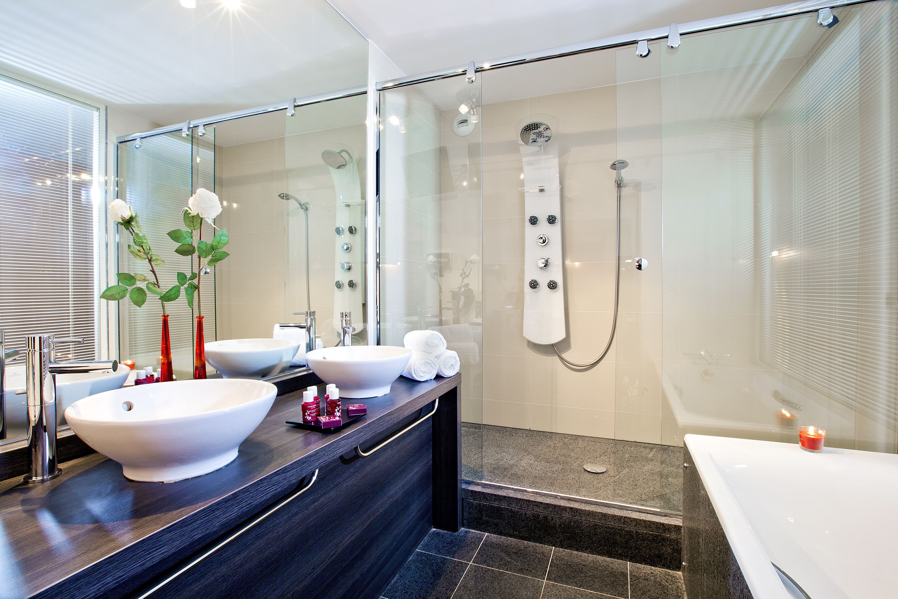 Combined shower/tub, free toiletries, hair dryer, towels