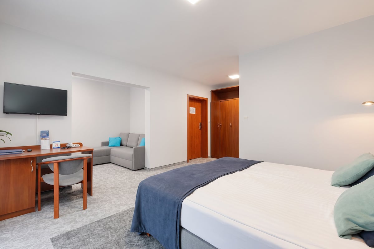 Habitación de hotel con cama, escritorio con silla, televisor de pantalla plana, sofá y armario.