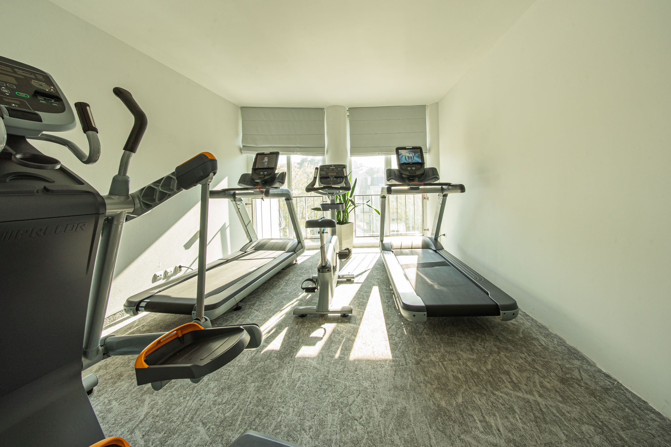 Un gimnasio con cintas de correr, bicicletas estáticas y una máquina de remo.