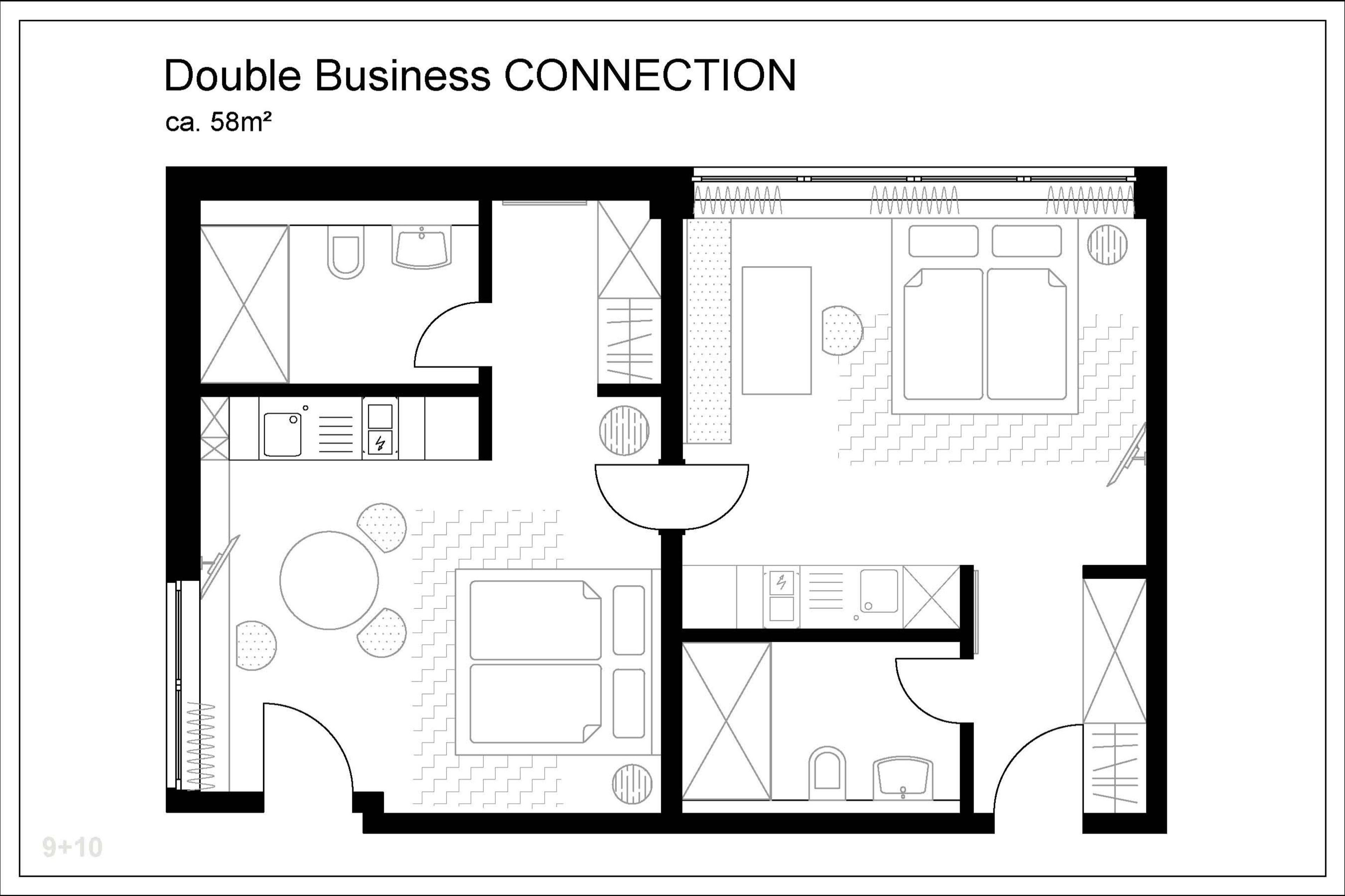 Plano de planta de una sala de reuniones doble para negocios, con una superficie aproximada de 58 metros cuadrados, que incluye cocina, comedor y zona de estar con una columna central.