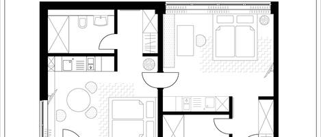 Plano de planta de una sala de reuniones doble para negocios, con una superficie aproximada de 58 metros cuadrados, que incluye cocina, comedor y zona de estar con una columna central.