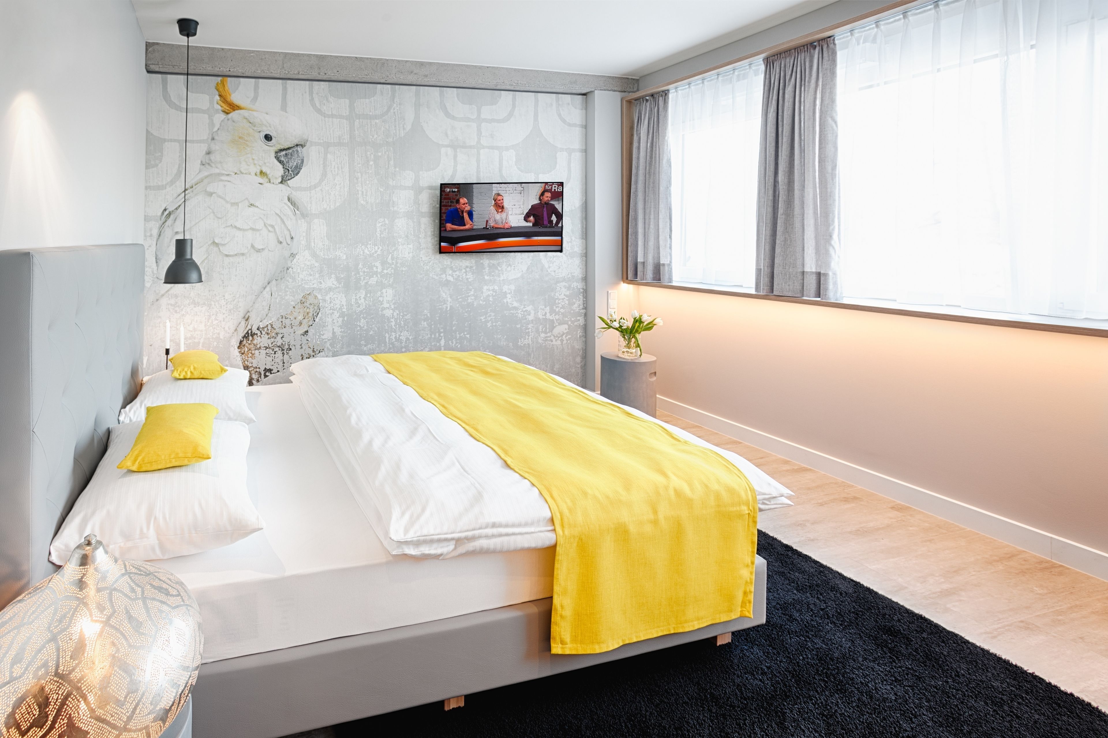 A modern bedroom with a bed, a mounted TV, a wall-mounted artwork of a bird, and a window with curtains.