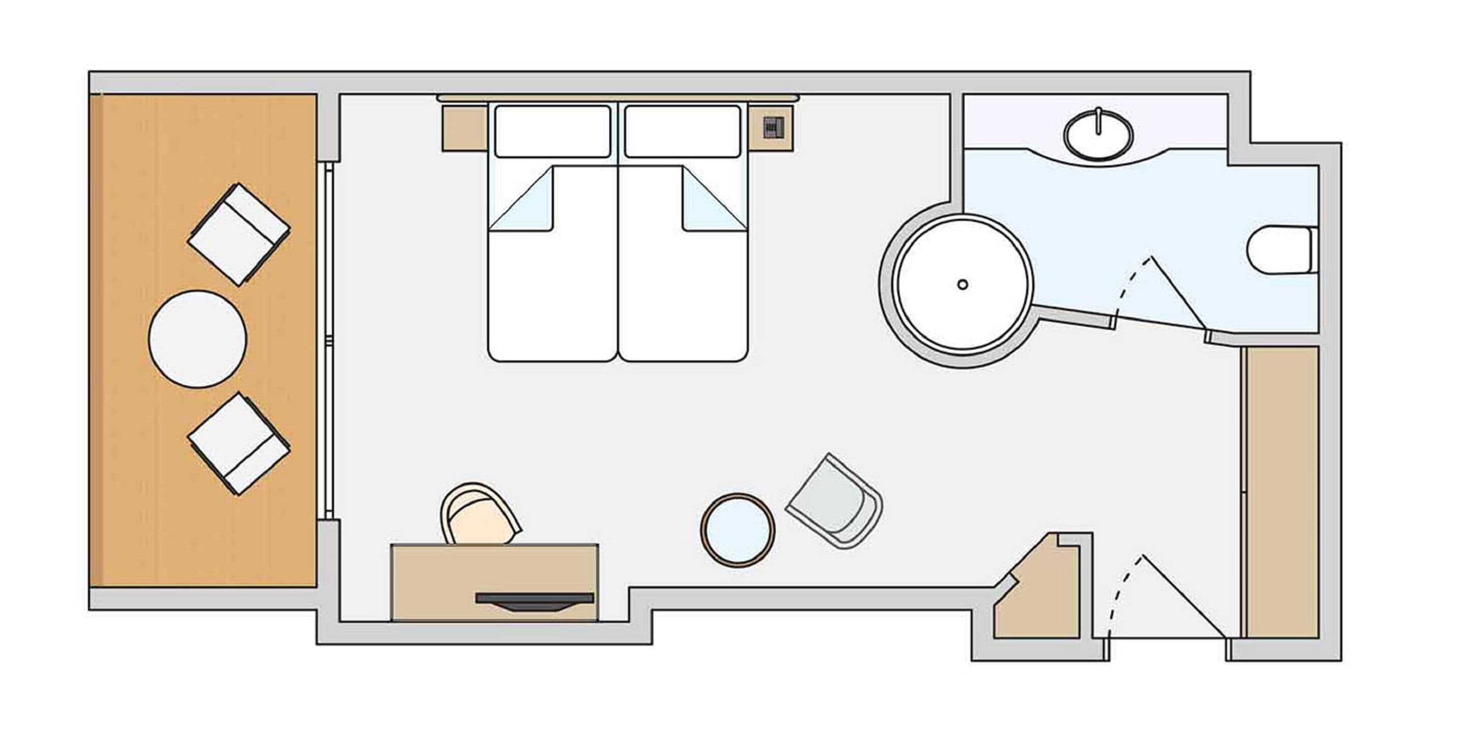 Un aménagement de chambre d’hôtel comprenant un lit, un bureau, une chaise, une petite table et un canapé.