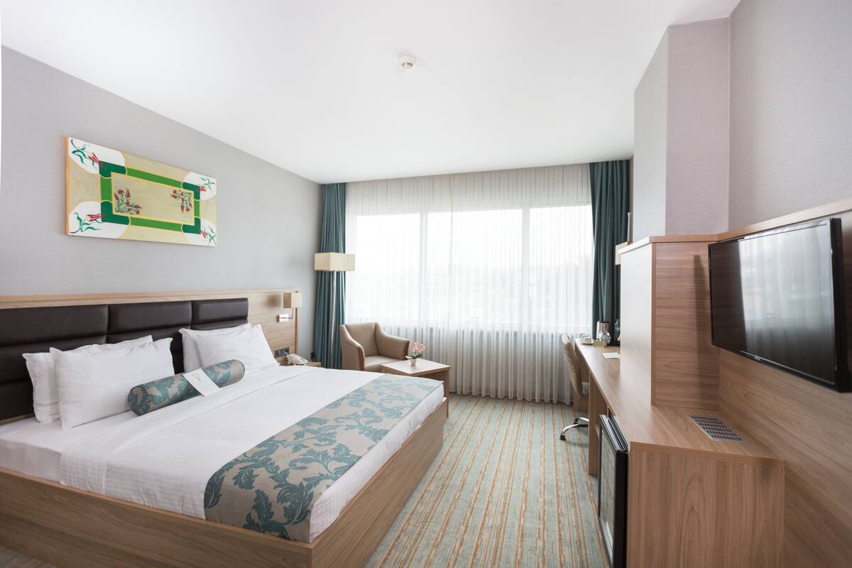 Habitación de hotel con una cama grande, un escritorio con televisor de pantalla plana, una silla, una lámpara y una ventana con cortinas.