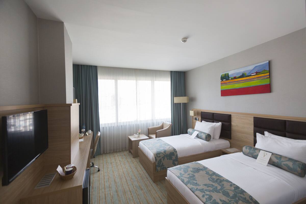 Una habitación de hotel con dos camas, un televisor, un escritorio y un cuadro en la pared.
