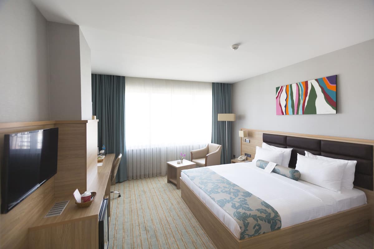 Una habitación de hotel con una cama grande, un escritorio con televisor de pantalla plana, una silla, una mesita de noche con lámpara y una ventana con cortinas.